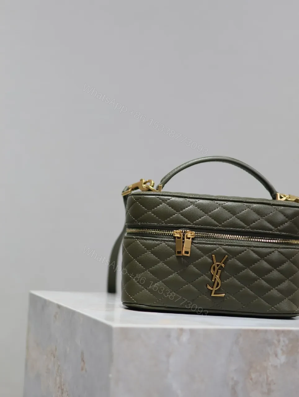 View 5 of Compact Olive Quilted Crossbody with Gold Hardware