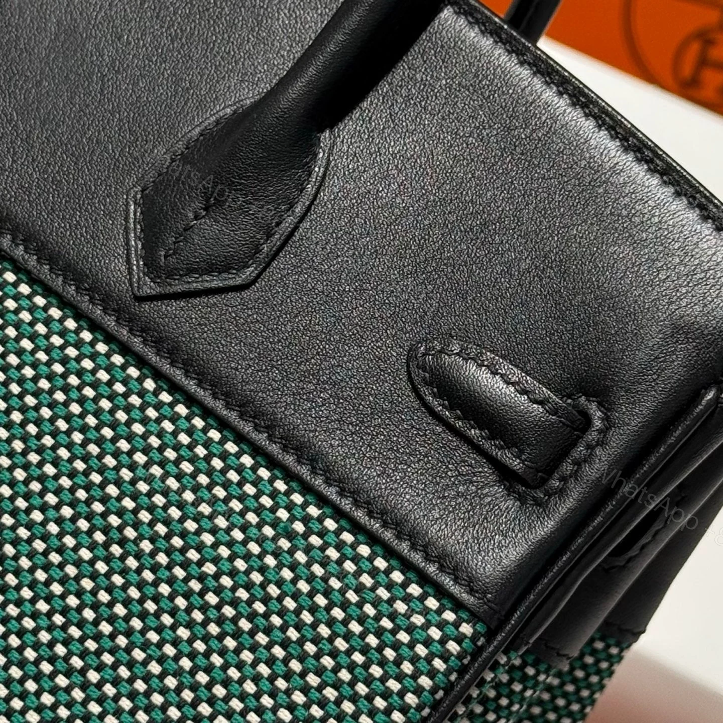 View 9 of HERMES BIRKIN 25CM IN BLACK SWIFT BLACK/MINT/BLANC TOILE CANVAS (CUSTOM-MADE)