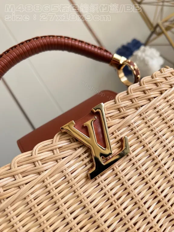 View 6 of Chic Straw Handbag with Leather Trim and LV Emblem