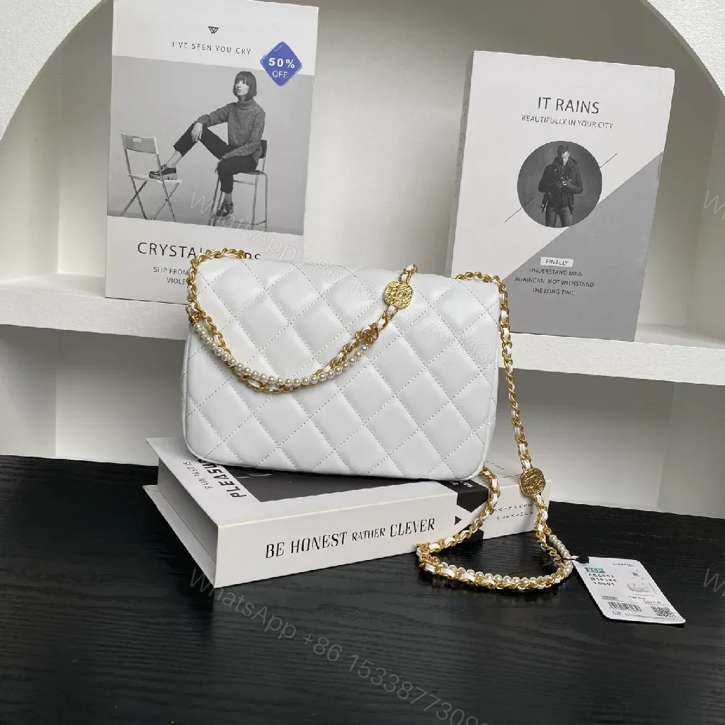 View 4 of White Quilted Mini Bag, Gold Chain, Everyday Luxury Bag