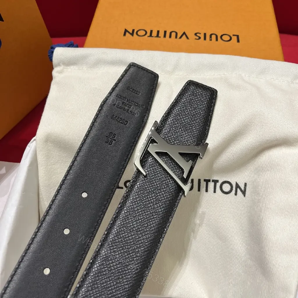 View 8 of Black Pebbled Leather Belt with LV Buckle, Classic Style