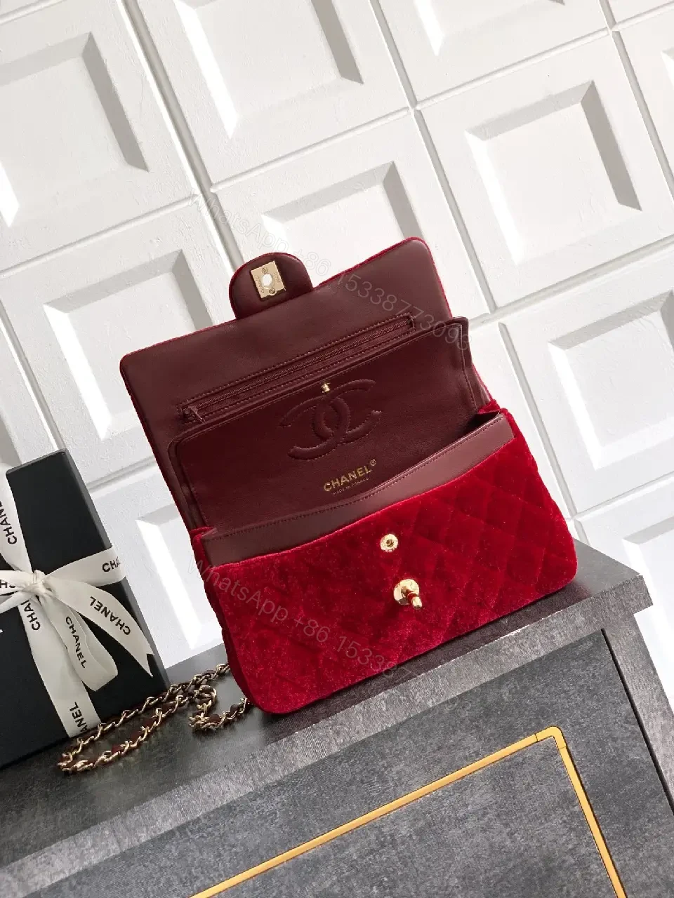 View 4 of Rich Velvet Red Flap Bag with Gold Chain Embellishment