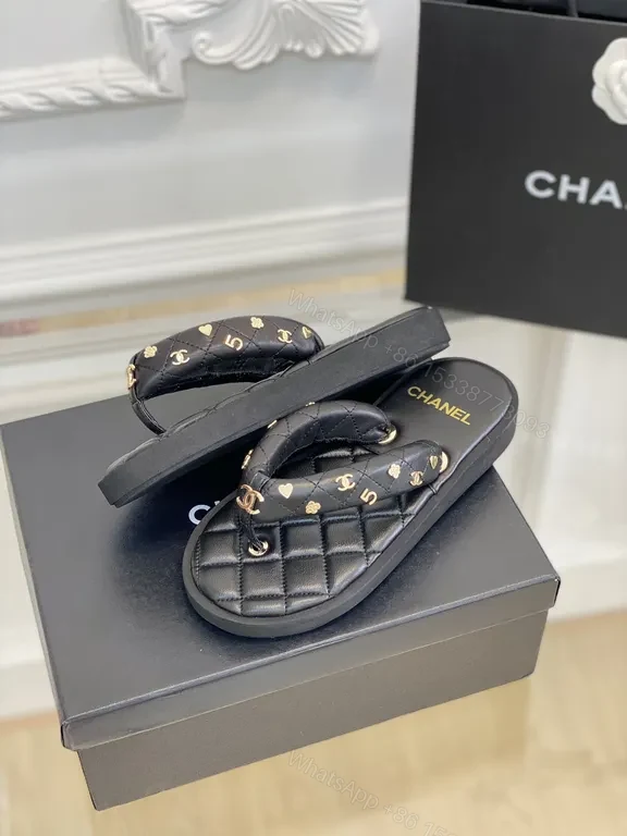 View 8 of Quilted Leather Chanel-Style Slides with Gold Logo Accents