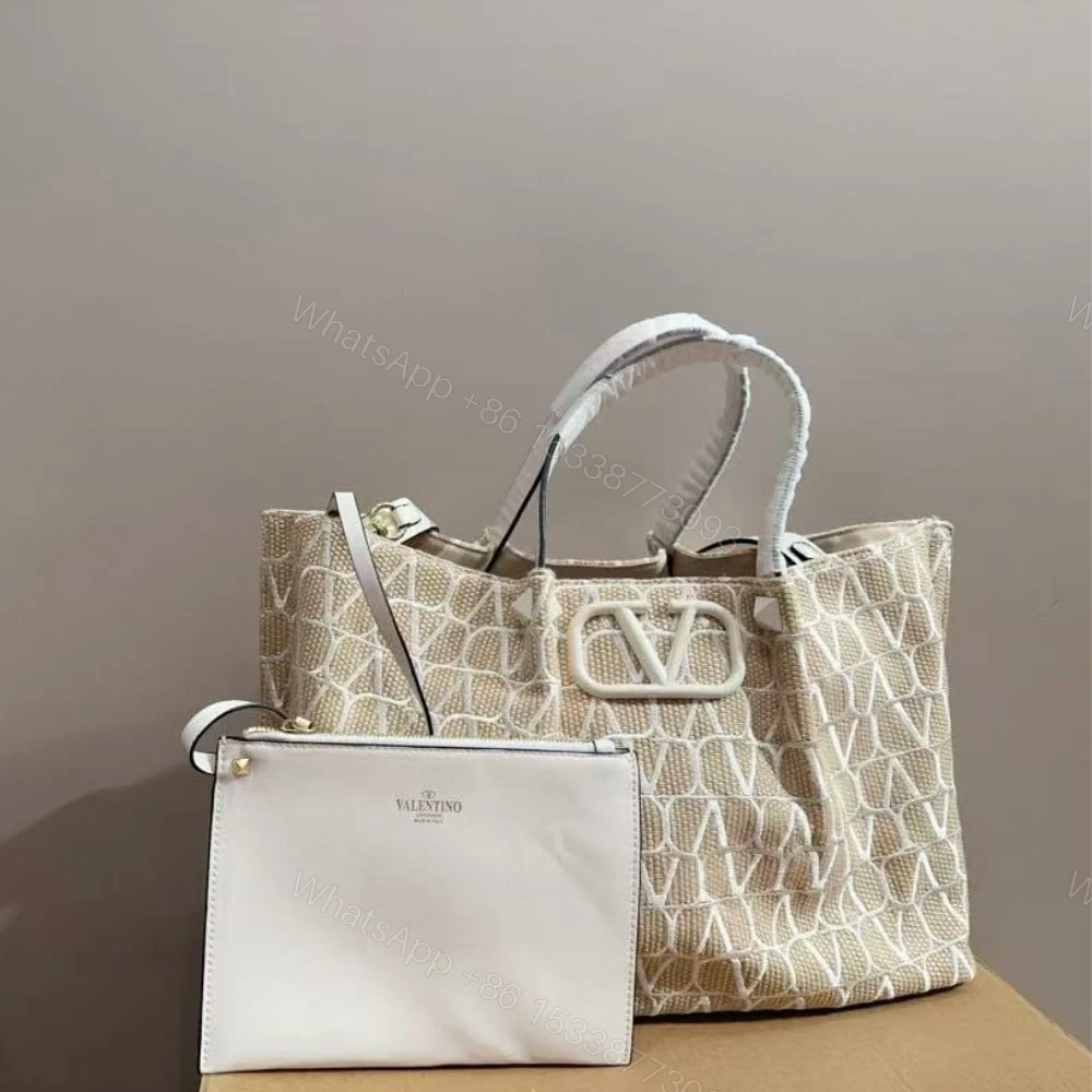 View 2 of VALENTINO GARAVANI VLOGO EMBROIDERED RAFFIA TOTE BEIGE 35CM