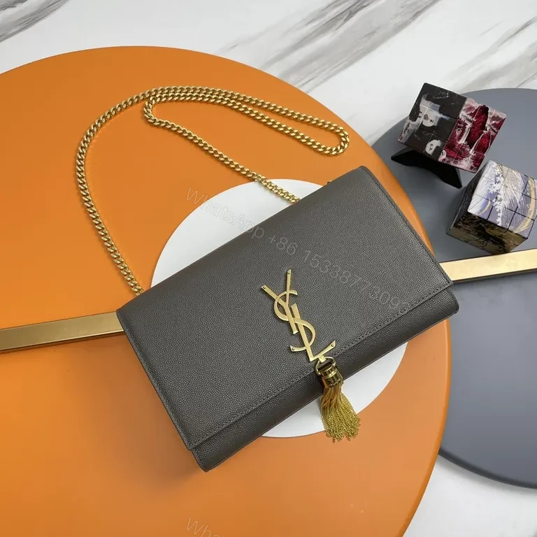 Compact Luxury Crossbody: Soft Grain Leather, Gold YSL Logo Tassel — view 1