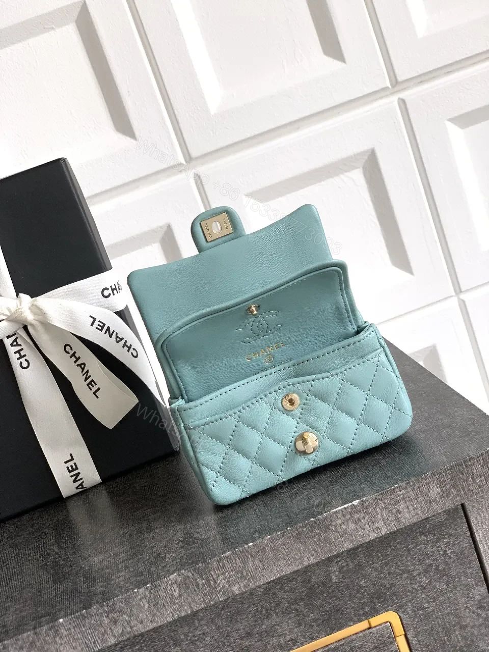 View 5 of Pastel Aqua Quilted Mini Bag with Pearl Charm (Chic)