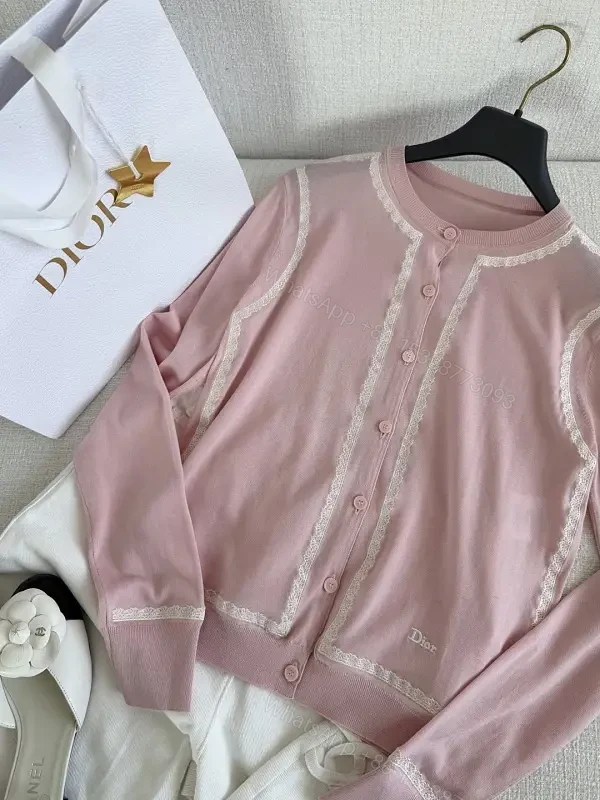 Soft Pink Lace Trim Cardigan Knit with Embossed Eyelets (Dior-inspired) — view 1