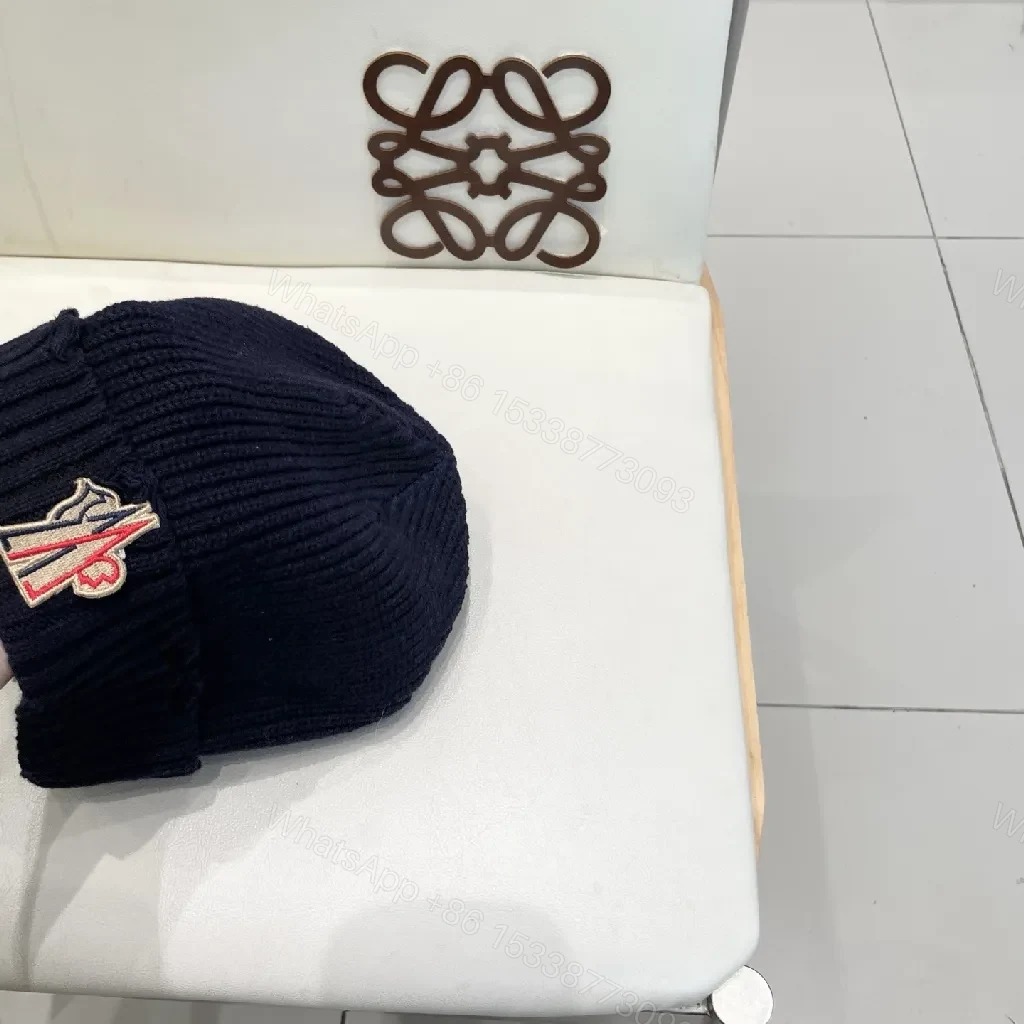View 4 of Navy Knit Beanie + Lux Embroidered Moncler Emblem
