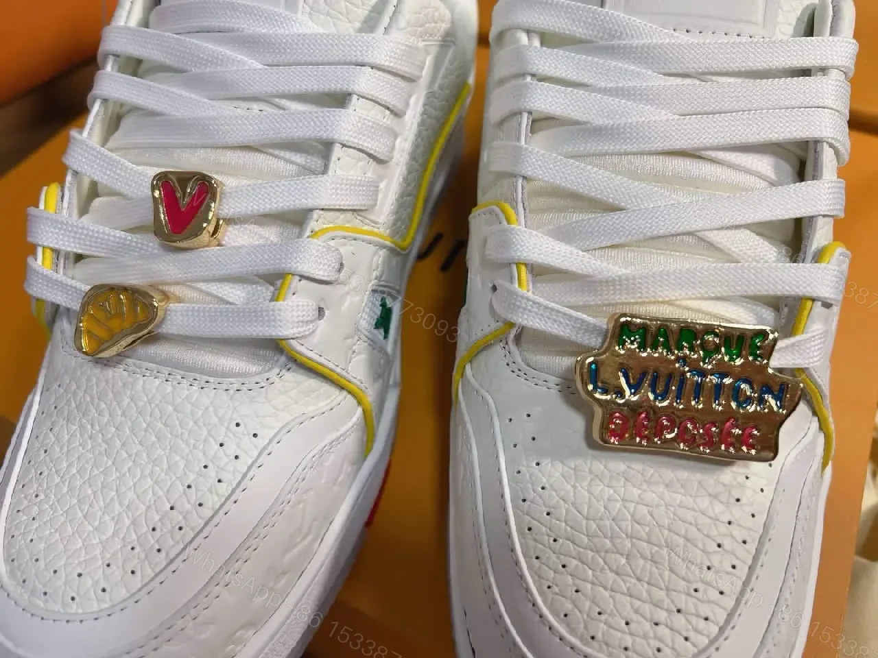 View 6 of Bright Neon Accents Premium White Leather High-Tops