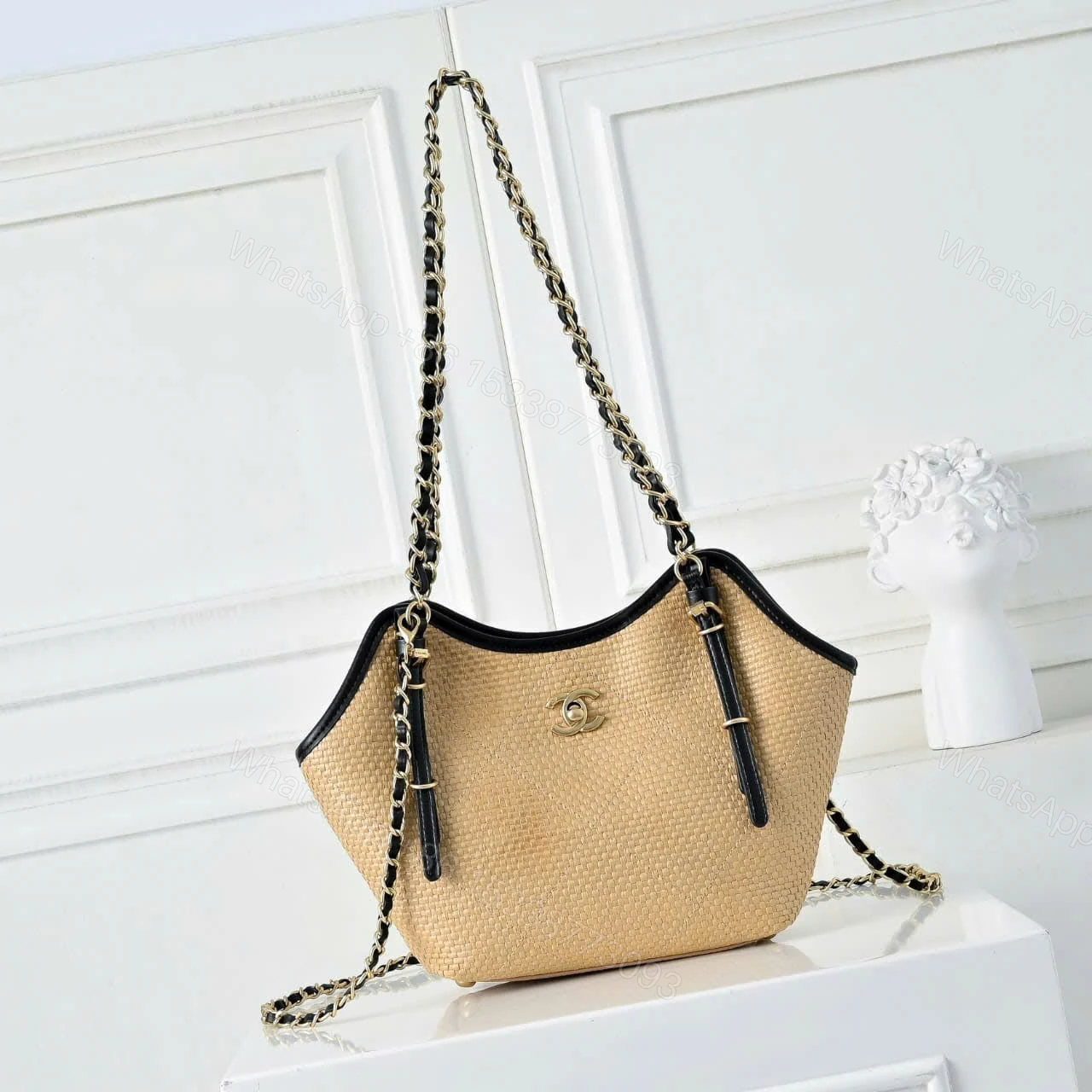 View 2 of Chanel Medium Shopping Bag Braided Raffia And Gold Tone Metal In Beige 30Cm