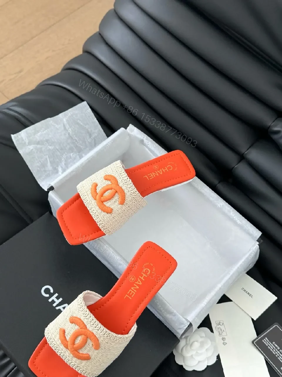 View 7 of Bold Orange-Blocked Chanel-Inspired Slide Sandals