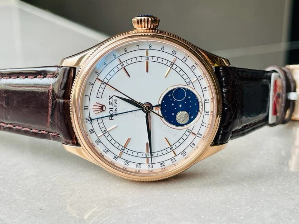 View 7 of Rolex Cellini Moonphase 50535 RG White Dial on Leather Strap Asia 3195 Mod