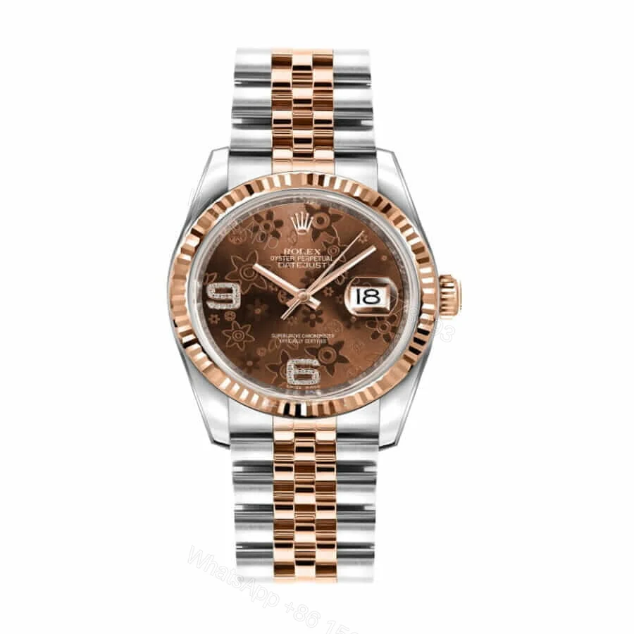 Rolex Datejust 116231-0105 Super Clone : Everose Rolesor Fluted Bezel Chocolate Floral Dial 36mm — view 1