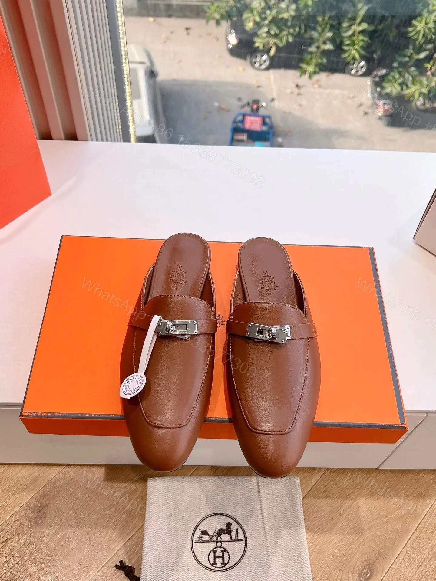 Hermes Women Brown Leather Slip On Mules — view 1