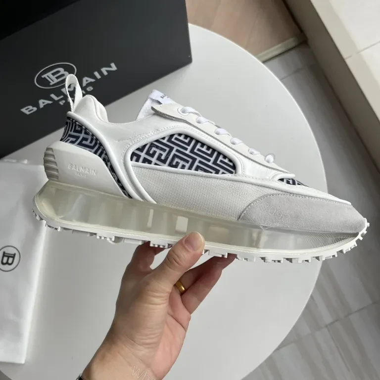 View 9 of Ivory Leather Balmain Runner: Graphic Geometry Sneaker