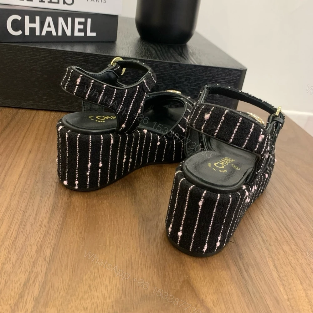 View 3 of CHANEL COTTON TWEED CC PLATFORM SANDALS BLACK WHITE