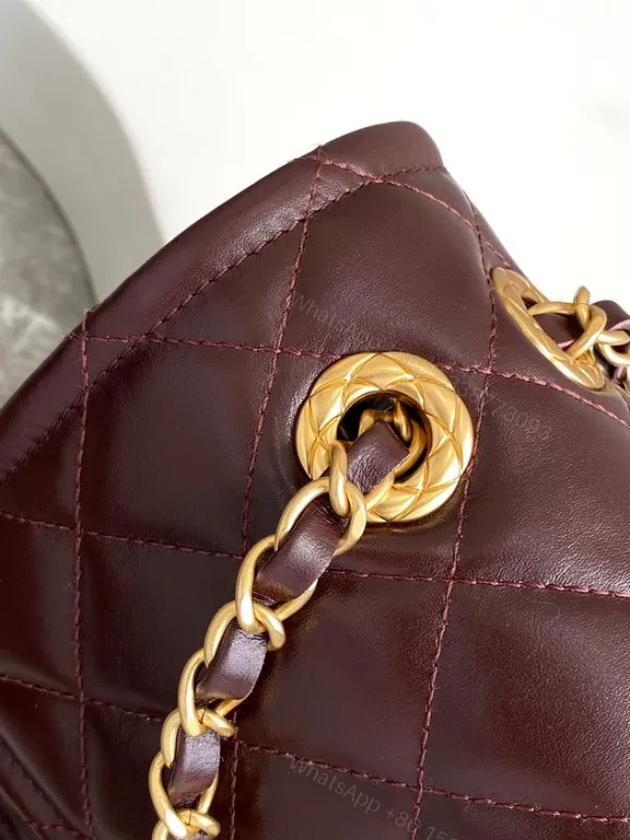 View 8 of Burgundy Quilted Leather Shoulder Bag with Gold Chain