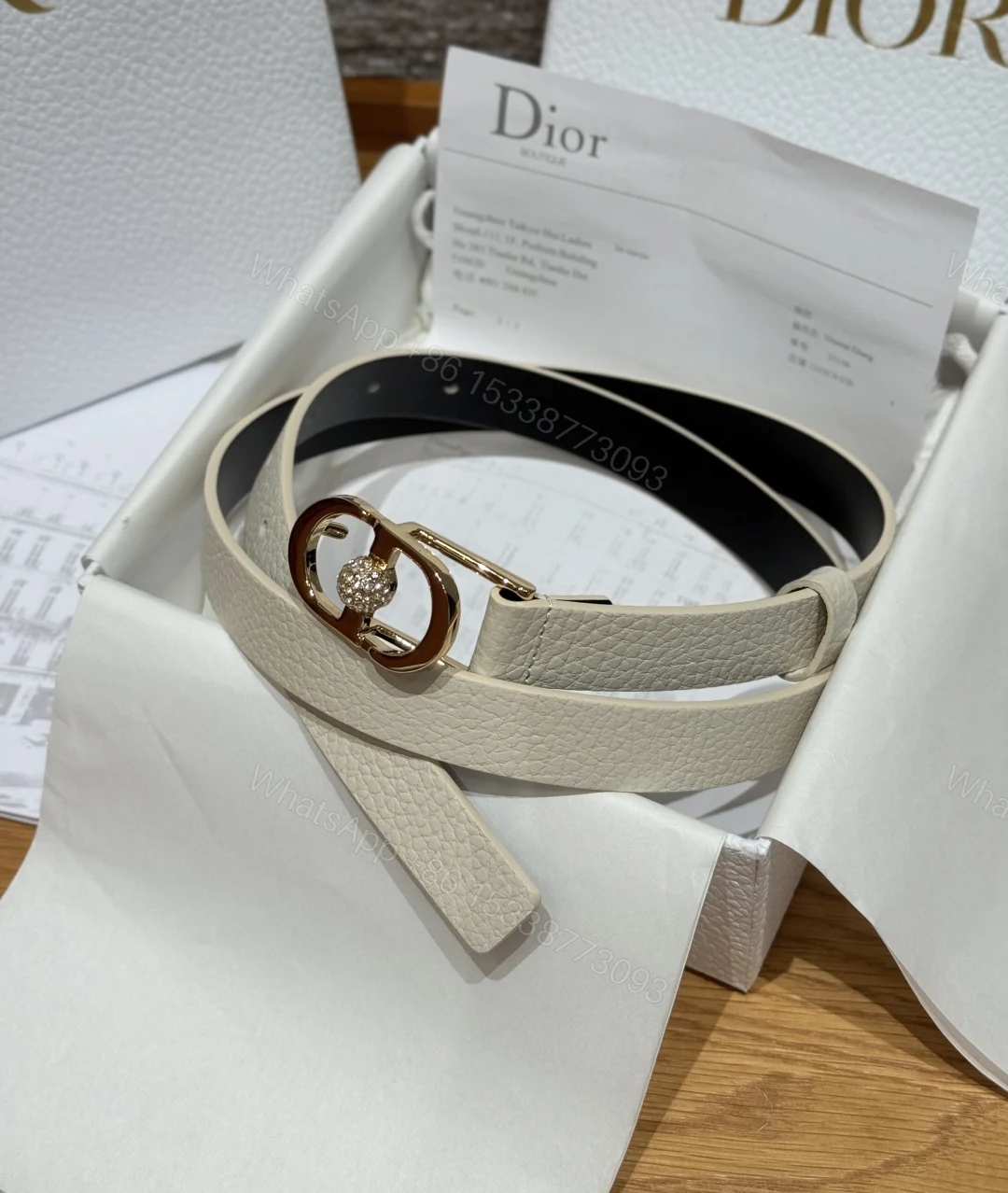 Dior 高仿女士皮帶 米白荔枝皮 金扣鑽飾設計 日系簡約感 — view 1