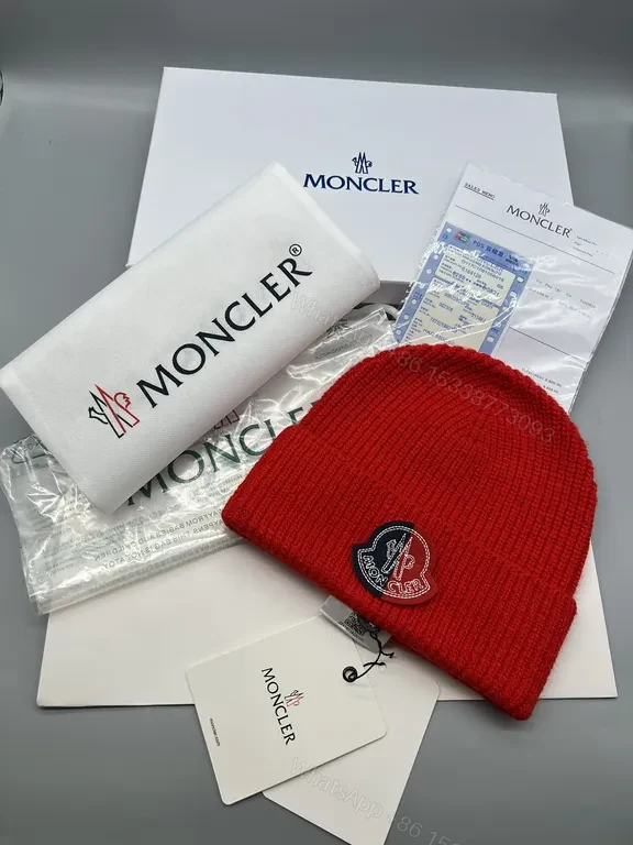 Red Knit Beanie with Moncler Patch - Premium Wool Blend Knit Beanie — view 1