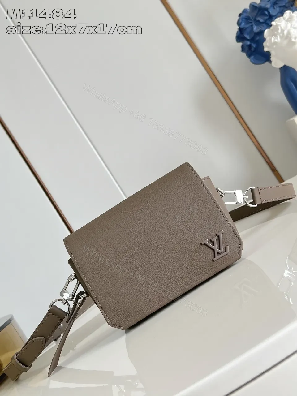 Taupe Pebble-Grain Crossbody: Compact Luxury Bag with Subtle Logo — view 1