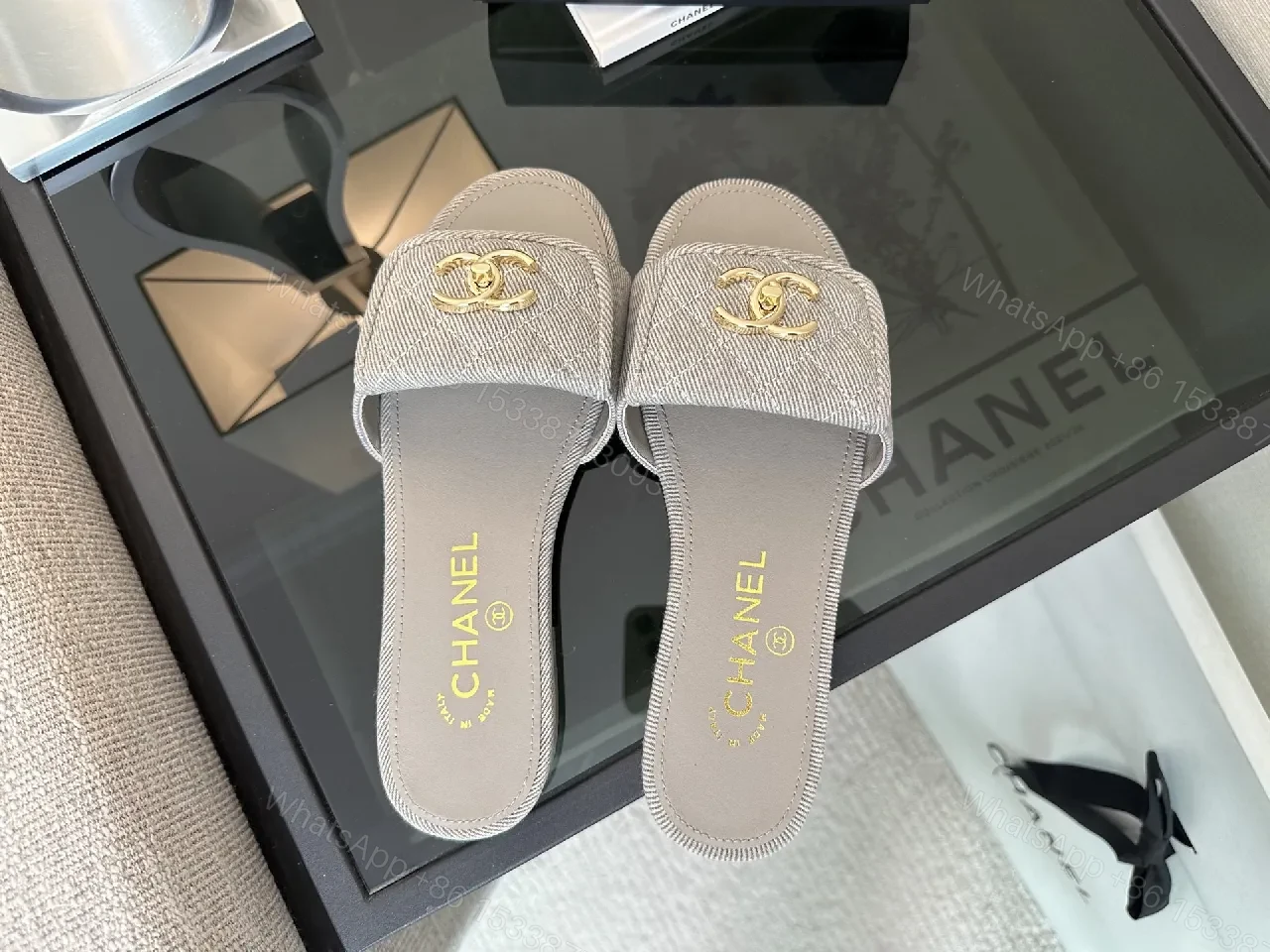 View 2 of Soft Denim Slides + Denim Texture + Minimalist Luxury + Gold Emblem + Slides
