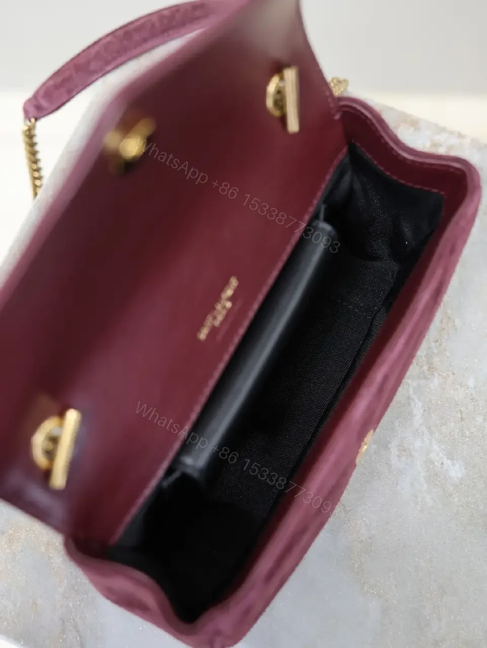 View 4 of Burgundy Suede Crossbody Bag with Gold Hardware