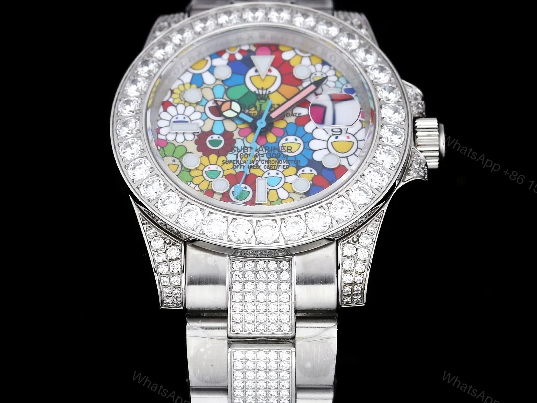View 3 of Rolex Submariner Colorful Dial Diamond Replica 42MM Exclusive Full Pavé Oyster Bracelet RG-ROLEX-SUB-COLOR-DIAMOND-42