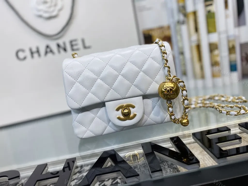 View 3 of Pristine White Quilted Bag with Gold Chain