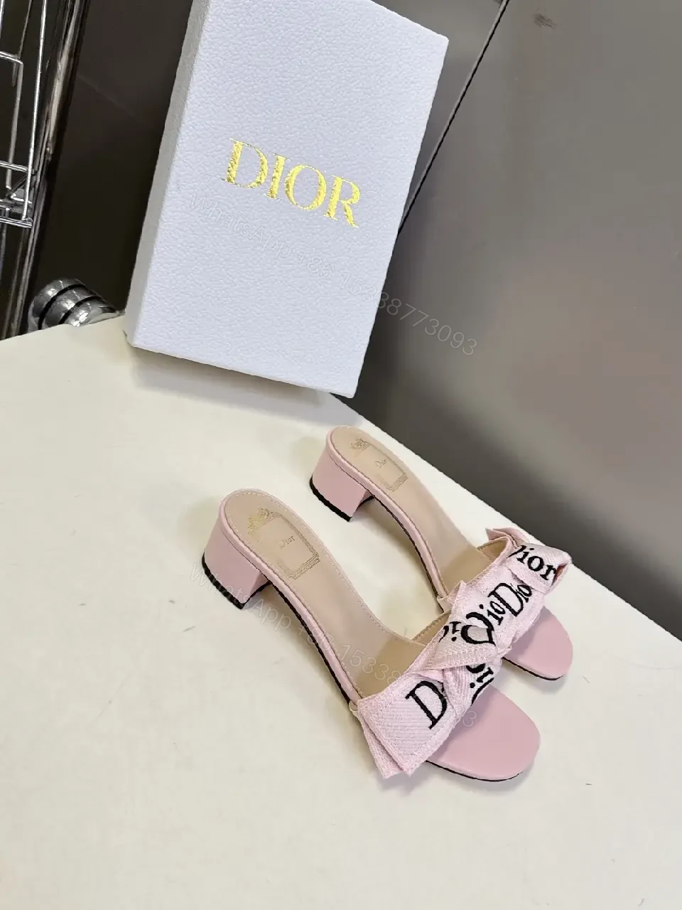 View 9 of Pink Leather Slide Sandals Dior Ribbon Bow Modern Glam Comfort Block Heel Sandal