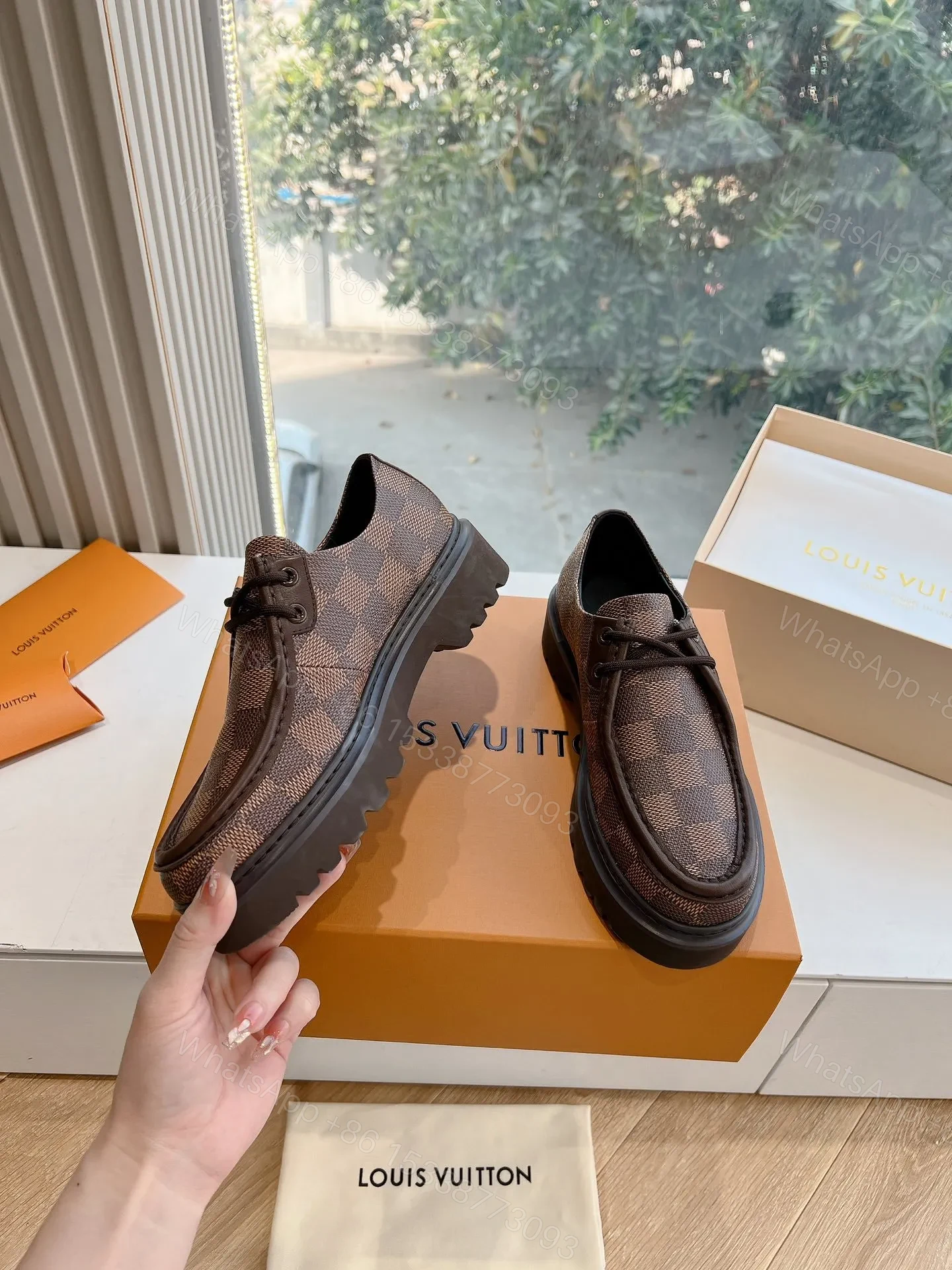 View 6 of LV Women Brown Checkered Leather Loafers