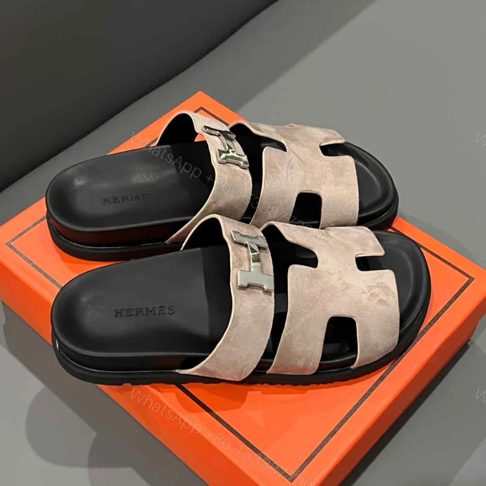 View 6 of Hermes Chypre Sandal Suede H Logo Silver Hardware Light Brown