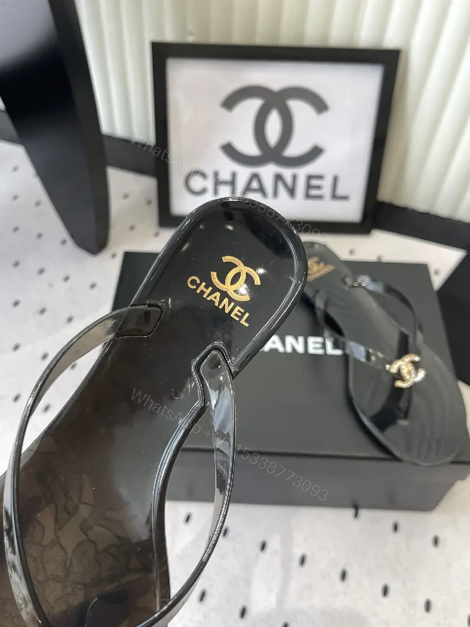 View 9 of Black Leather Plastic Sandals Classic Gold Chanel Logo Sandals