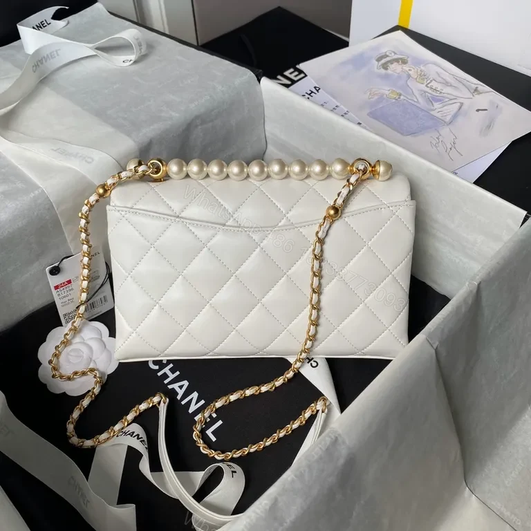 View 9 of Chanel-inspired Quilted Lambskin Flap Bag with Pearl Chain
