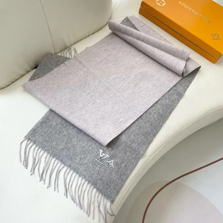View 6 of Soft Luxury Scarf - Knit, Fringe, LV-Influenced Emblem - 5 Colors - 60s Luxe