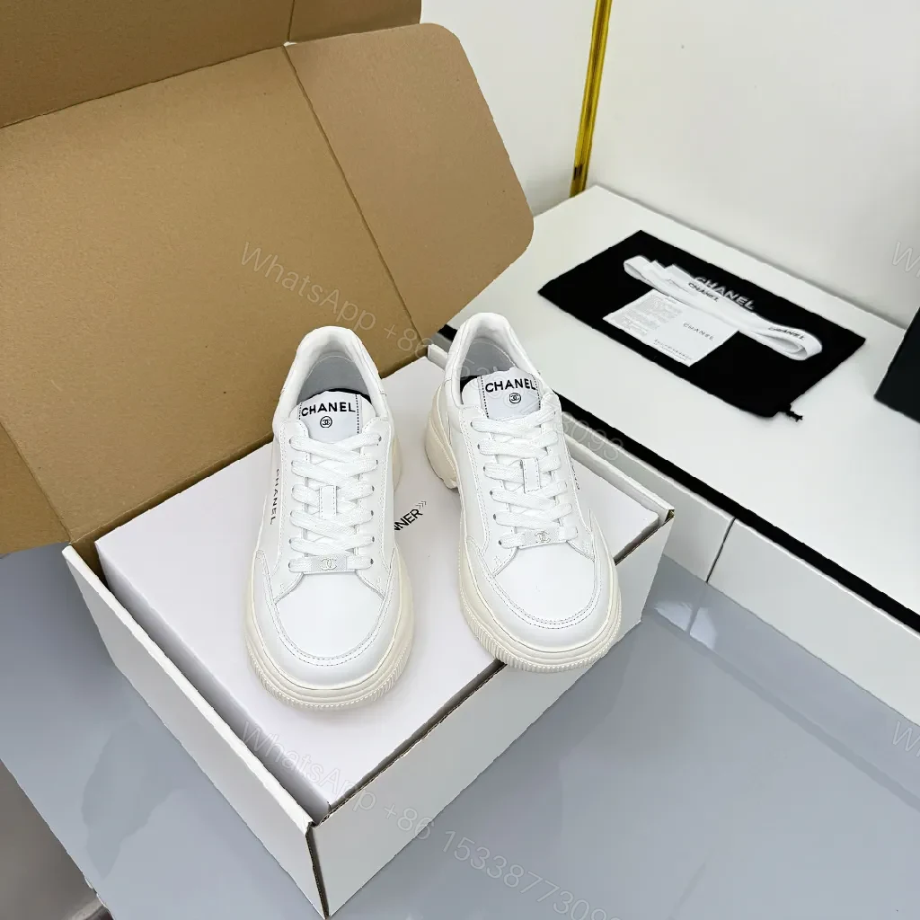 View 2 of White Leather Platform Sneaker with Subtle Chanel-Inspired Detail