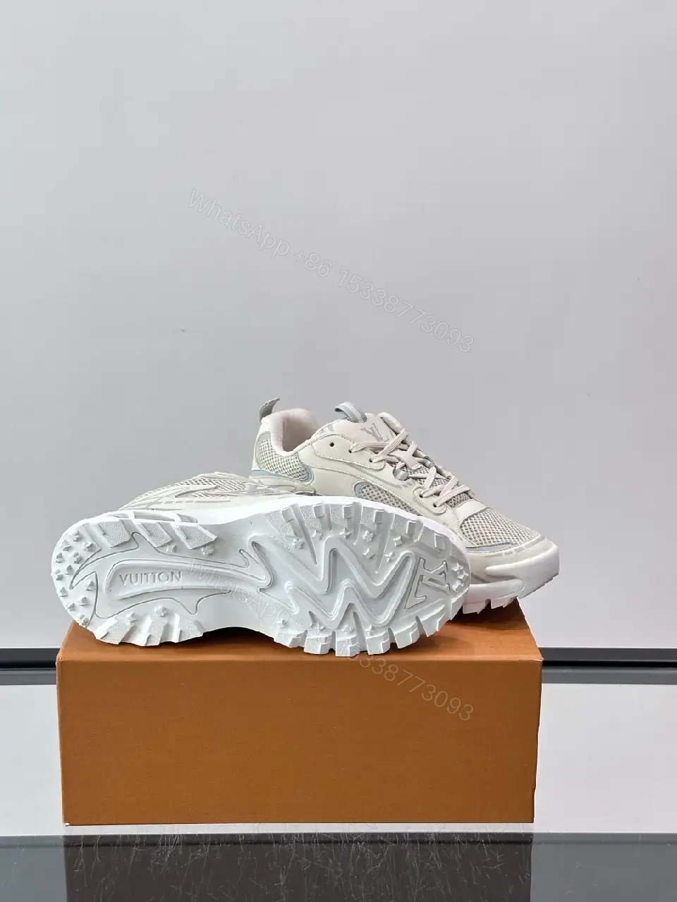 View 3 of Beige Mesh Chunky Sneaker Tech-Wavesole Louis Vuitton Style Sneakers
