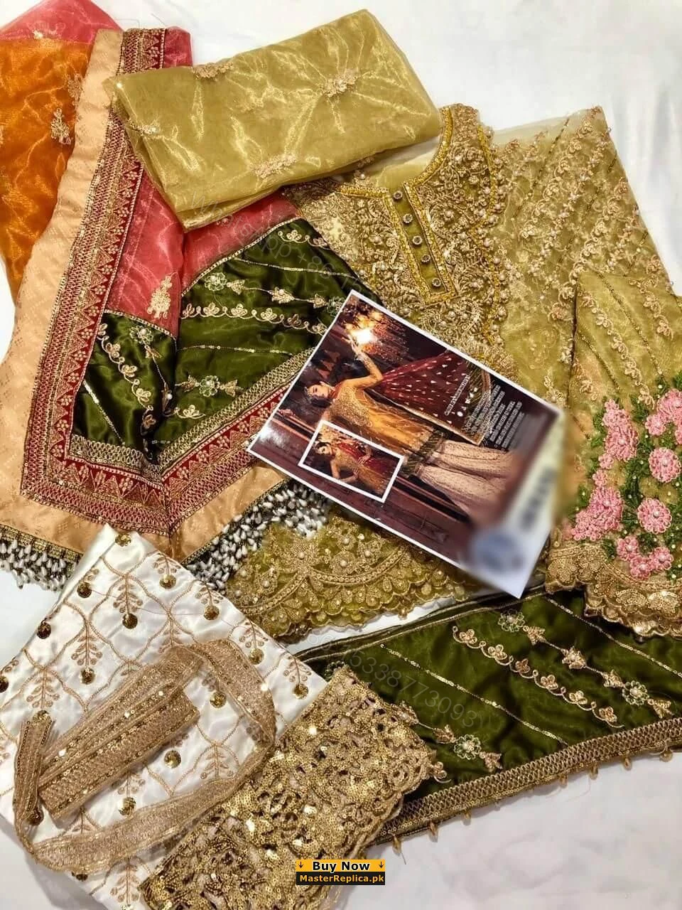 View 2 of Maria B Mustard and Off White Net Replica