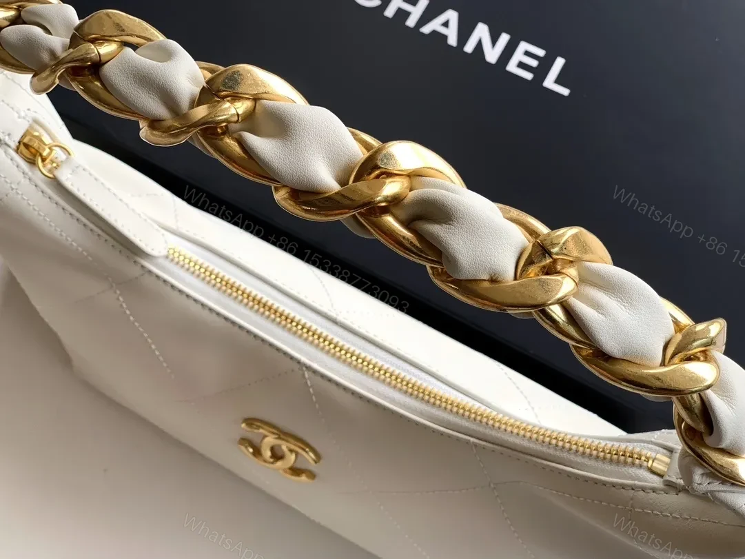 View 6 of White Quilted Leather Handbag with Gold Chain