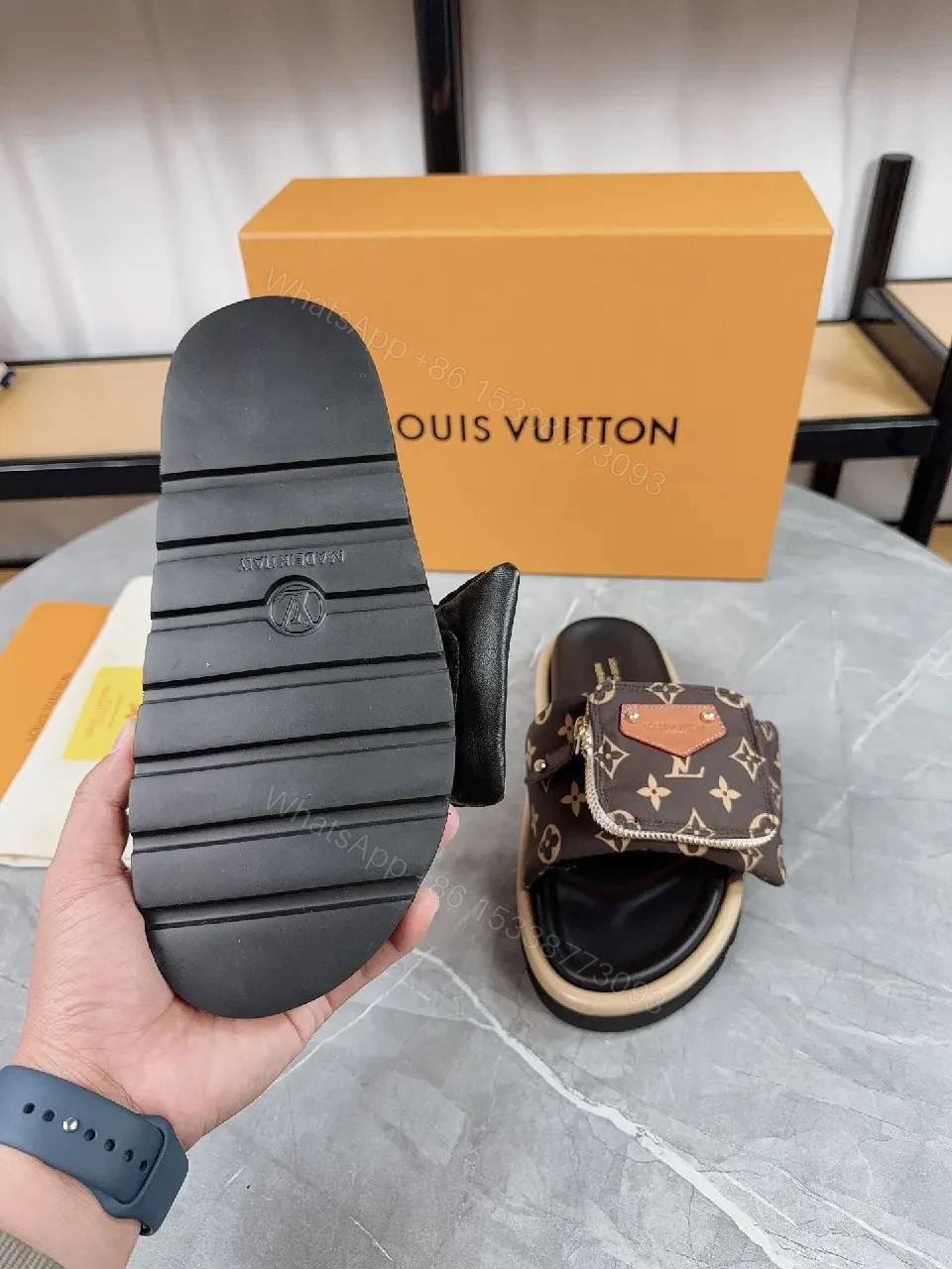 View 8 of Brown Monogram Leather-Trim Slides: Everyday Luxury Footwear