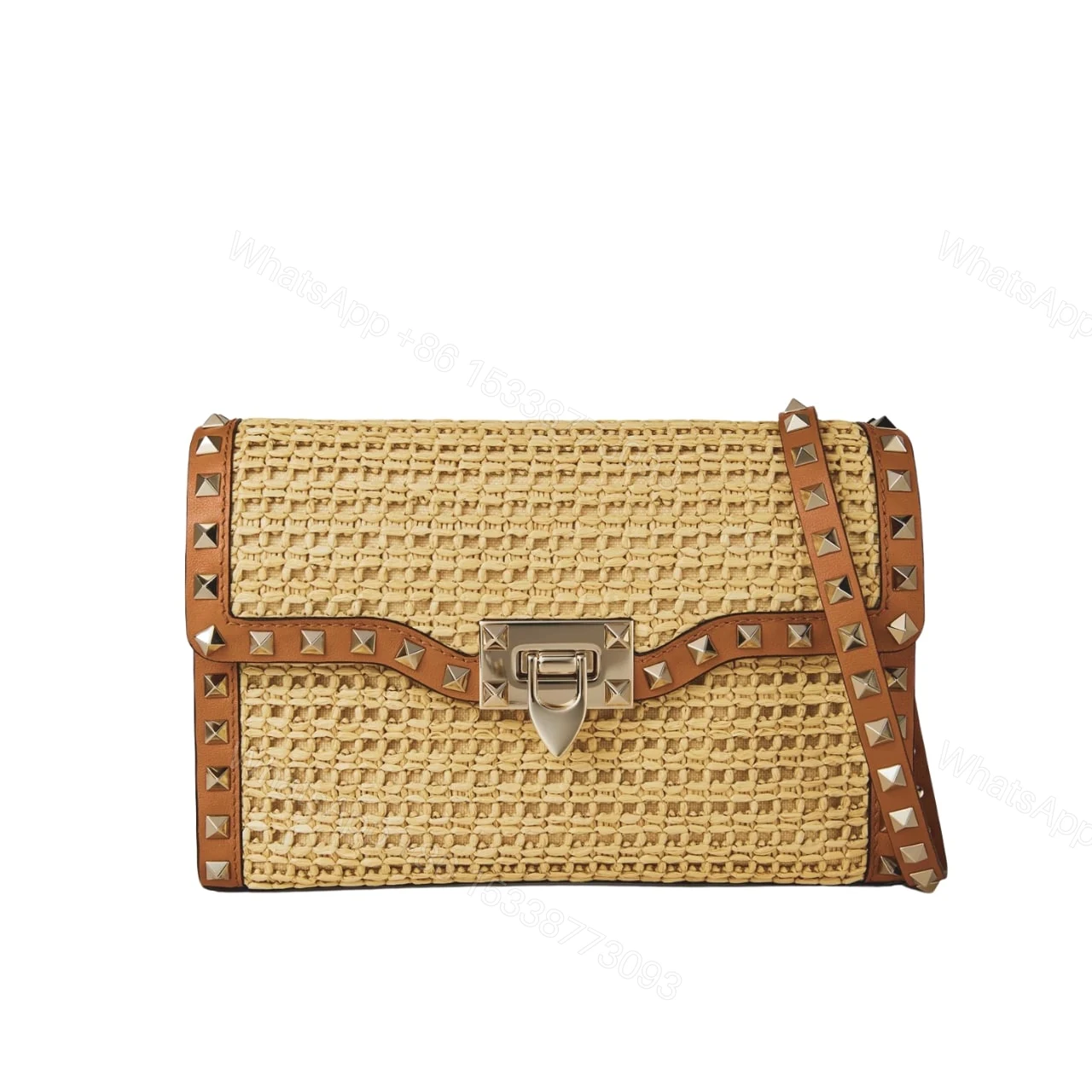 VALENTINO GARAVANI ROCKSTUD SMALL RAFFIA SHOULDER BAG NATURAL 22CM — view 1