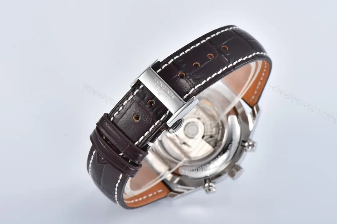 View 8 of Longines Master Collection Moonphase Chronograph Watch Silver Dial Blue Hands Brown Leather Strap 42mm Case