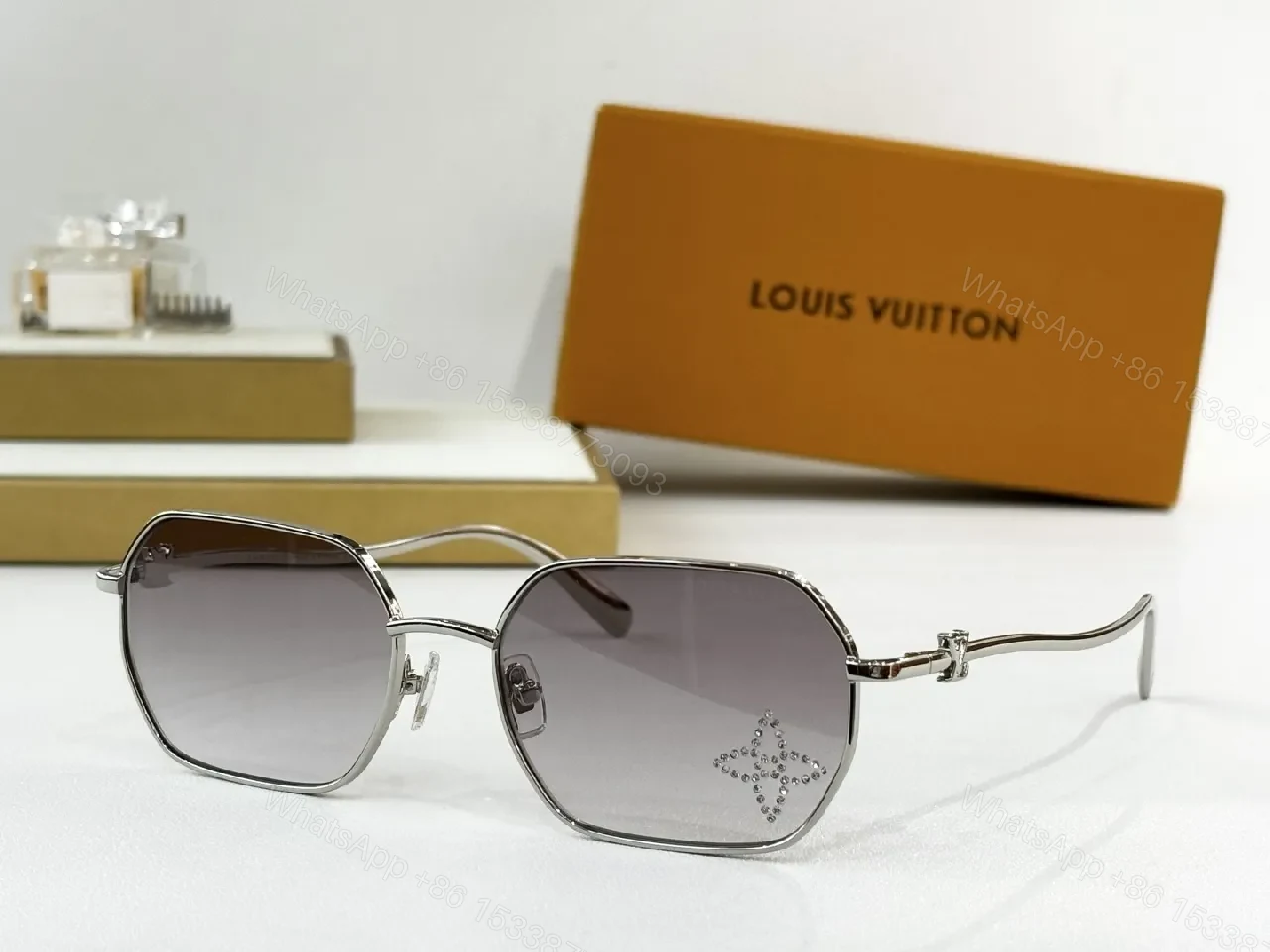 View 8 of Gold-Frame Sunglasses with Gradient Lenses and Diamond Accents, Luxury Style