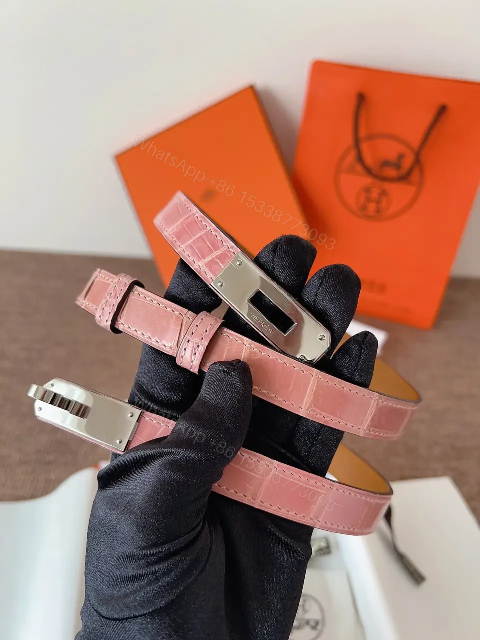 View 5 of Light Pink Croc-Embossed Leather Double-Strap Watch Band