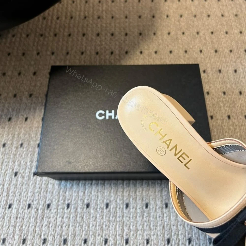 View 9 of Chanel Mesh Bow Block Heel Mules Beige And Black
