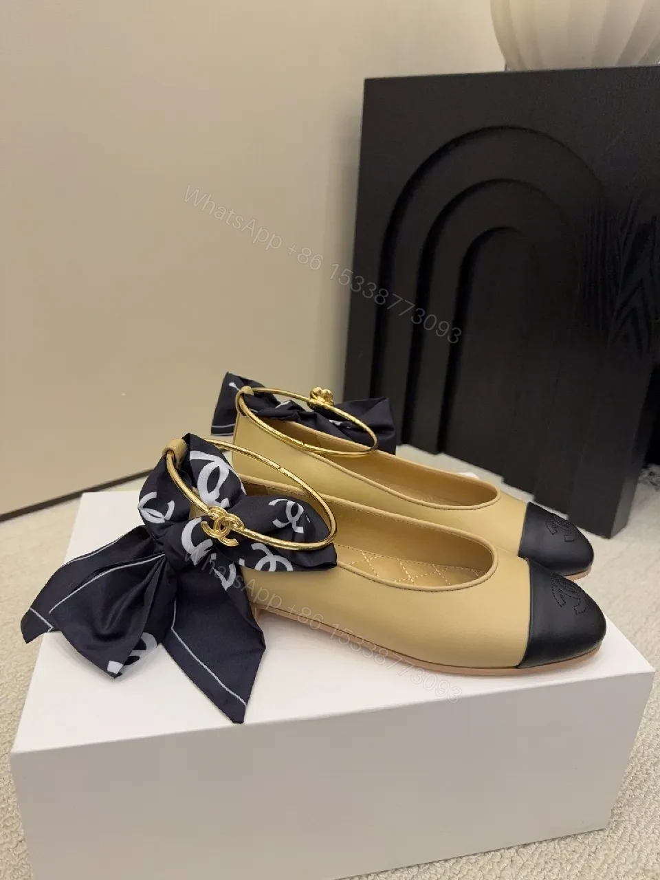 View 8 of Two-Tone Ballet Flats with Gold Ankle Strap - Luxe Comfort Flat