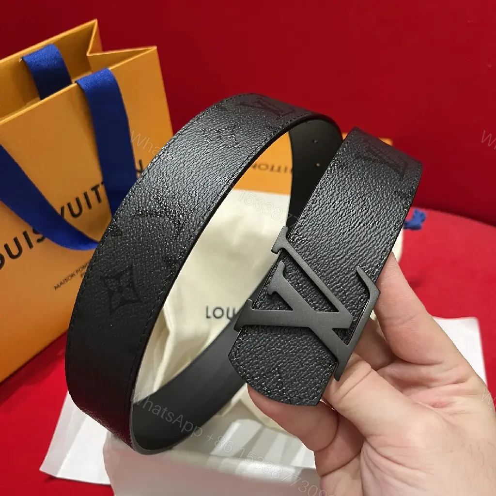 View 8 of Black Leather Belt with Bold Gunmetal LV Buckle Set