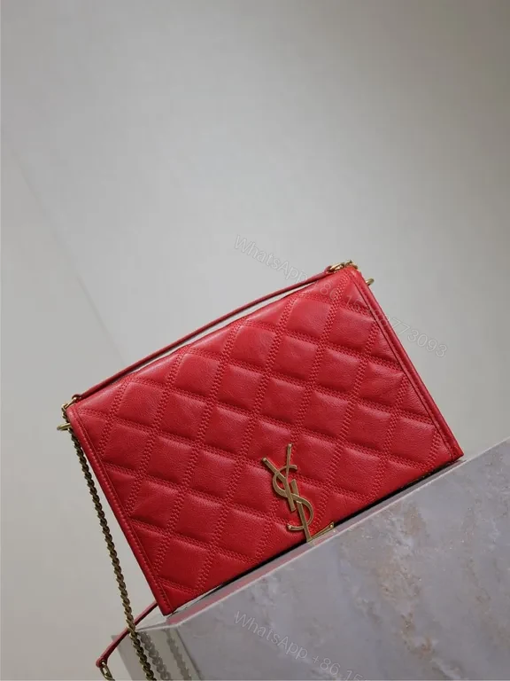 View 9 of Radiant Red Quilted Leather Crossbody Bag with Gold Emblem