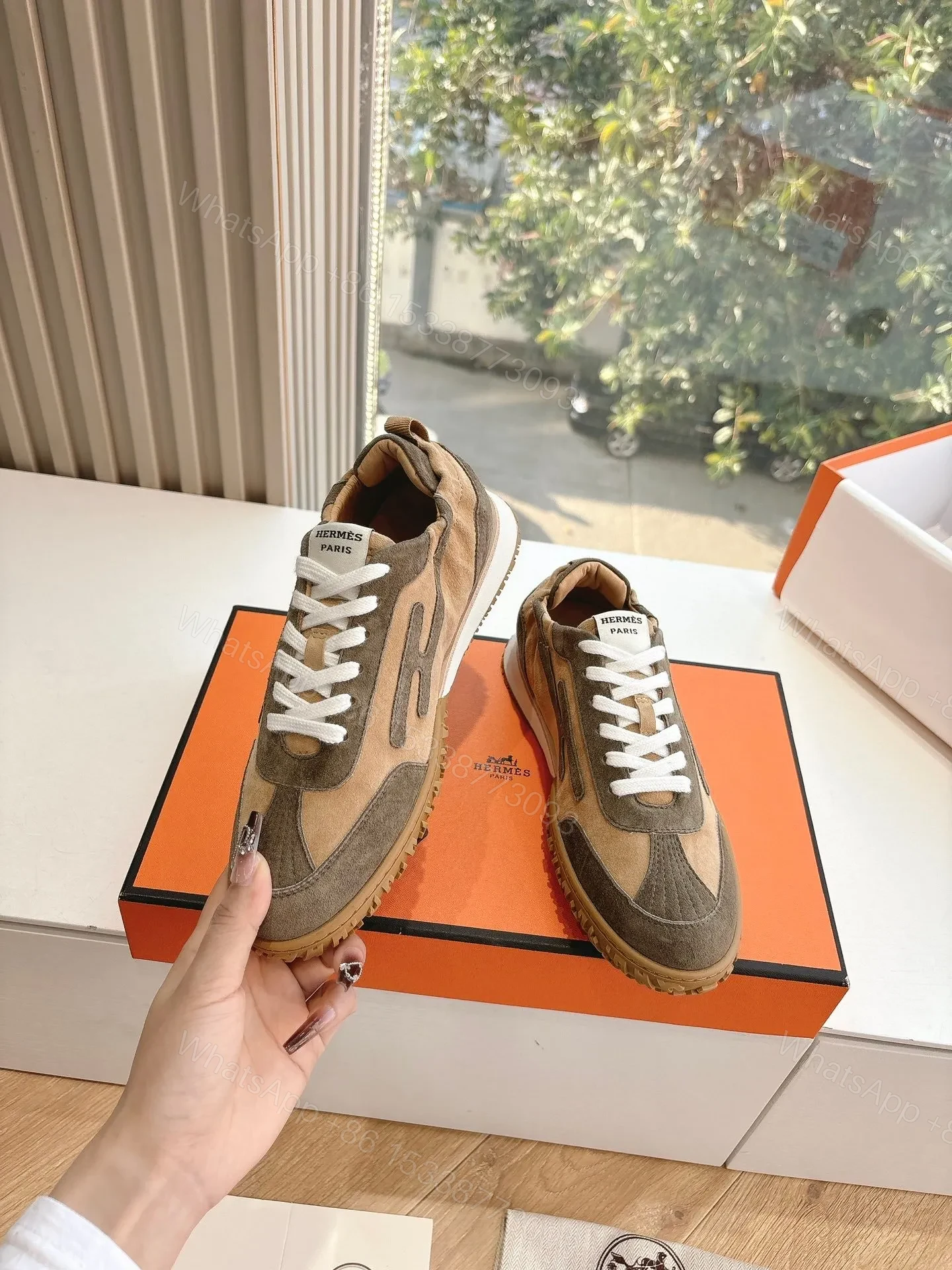 View 6 of Hermes Women Brown Suede Sneakers