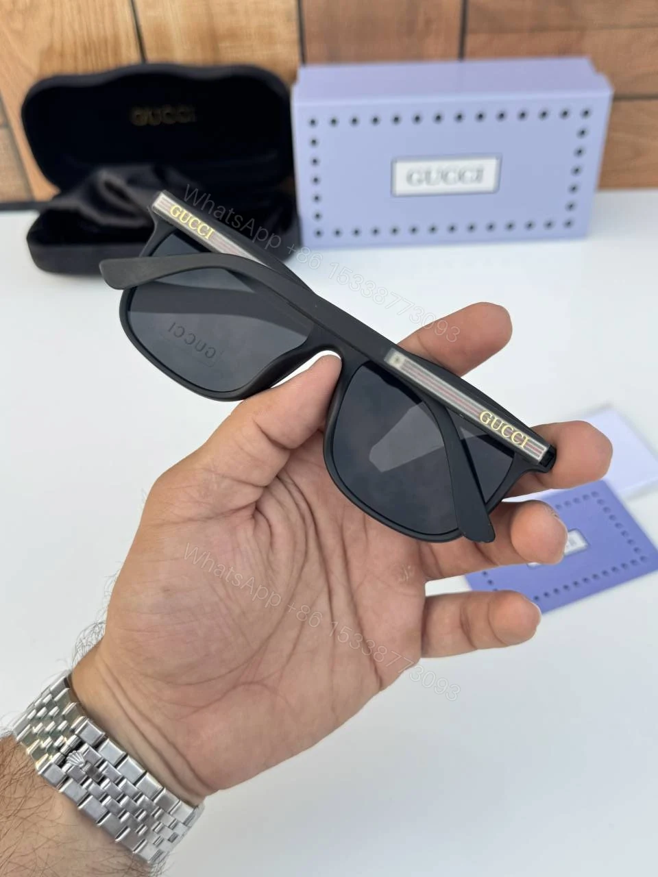 View 4 of First Copy Gucci 381 Matt Black Luxury Square Sunglasses UV Protection Premium Designer Eyewear