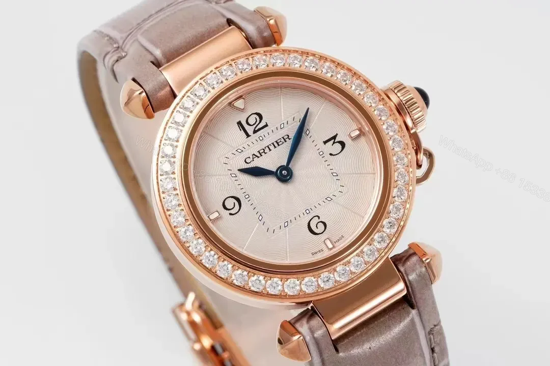 View 6 of JF Factory Cartier Pasha de Cartier Women’s Watch – 30mm Rose Gold with Diamond Bezel, Blue Steel Hands, and Quick Release Leather Strap